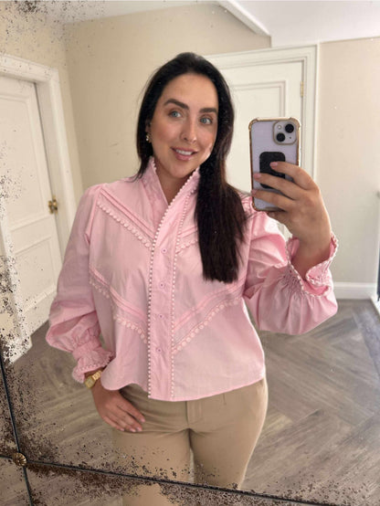 Jenna Pink Vintage Long Sleeve Lace Shirt