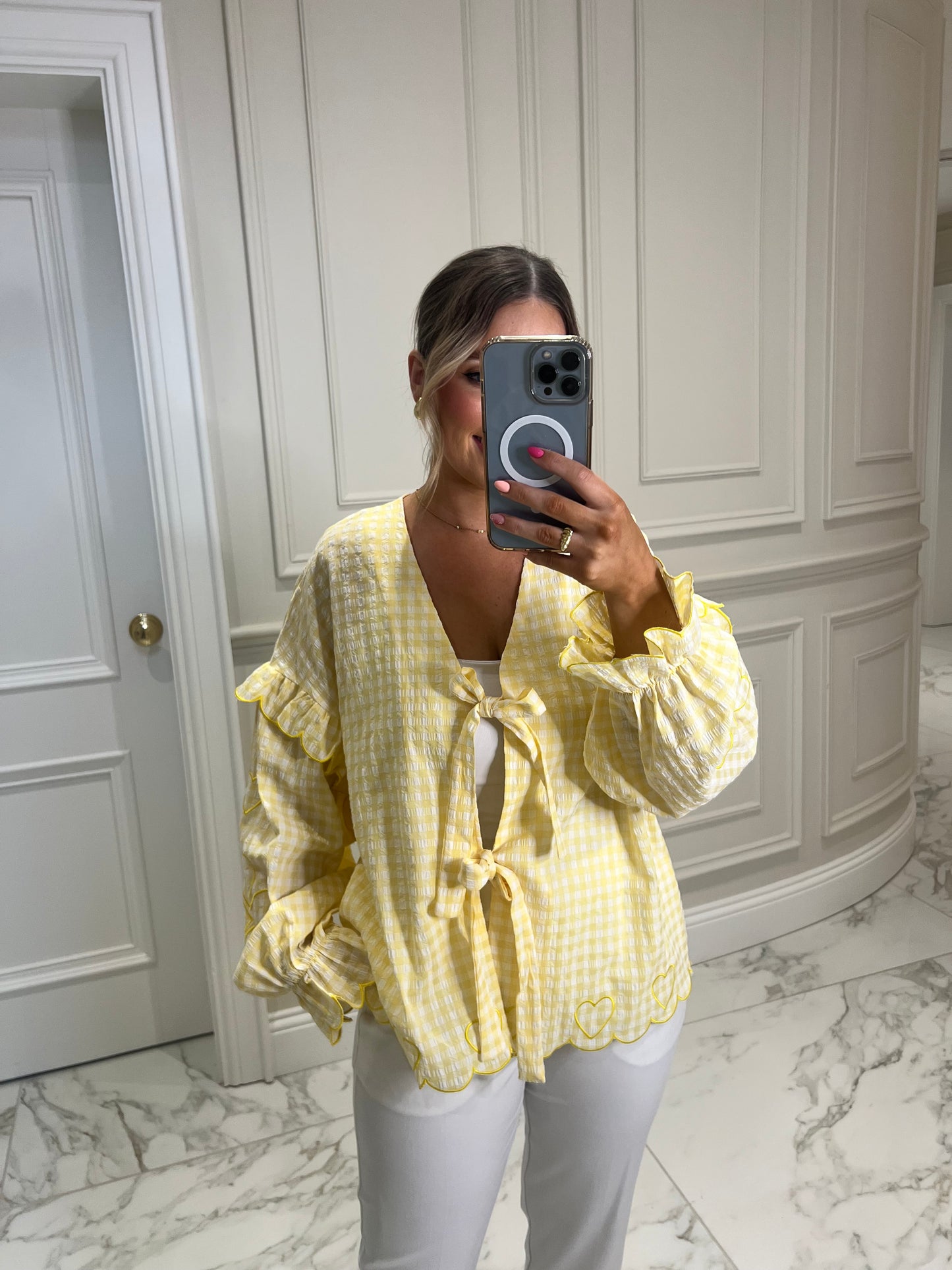 Anna Oversized Bow Tie Lemon Gingham Blouse