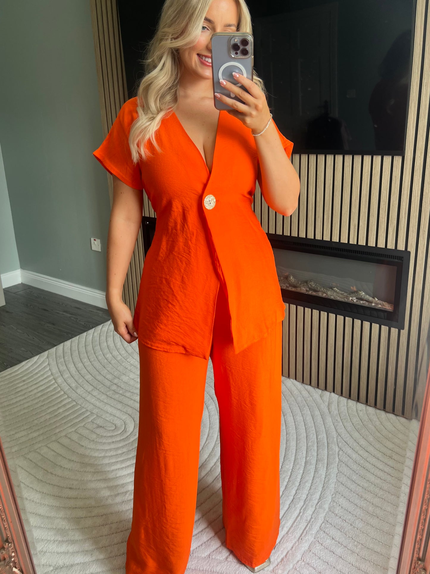 Clara Orange V-Neck Wide Leg Two-Piece Set