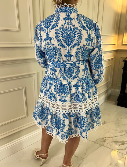 Claire Laced Detailed Blue And White Belted Dress