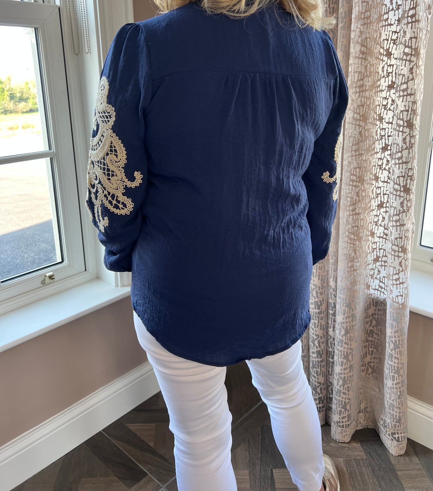 Blaithin Button Up Collar Navy Embroidered Long Sleeve Blouse