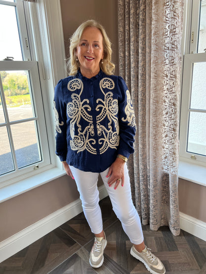 Blaithin Button Up Collar Navy Embroidered Long Sleeve Blouse