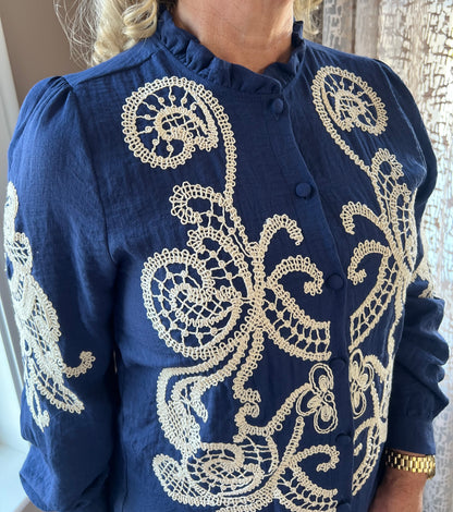 Blaithin Button Up Collar Navy Embroidered Long Sleeve Blouse
