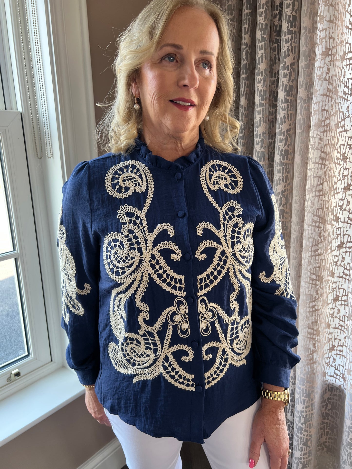 Blaithin Button Up Collar Navy Embroidered Long Sleeve Blouse