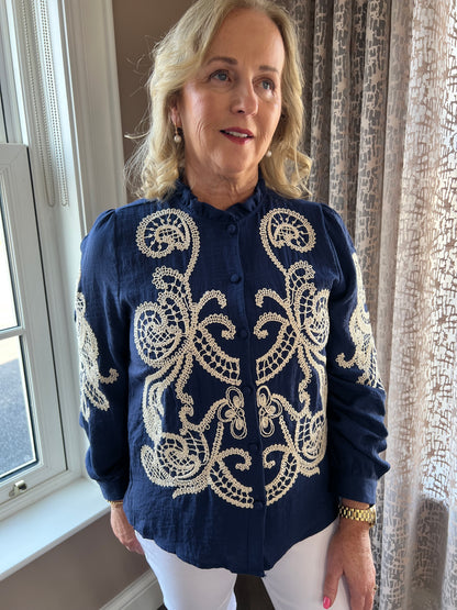 Blaithin Button Up Collar Navy Embroidered Long Sleeve Blouse