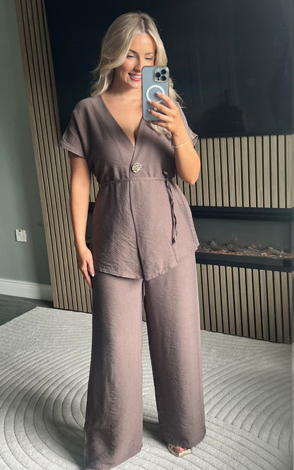 Clara Taupe V-Neck Wide Leg Two-Piece Set