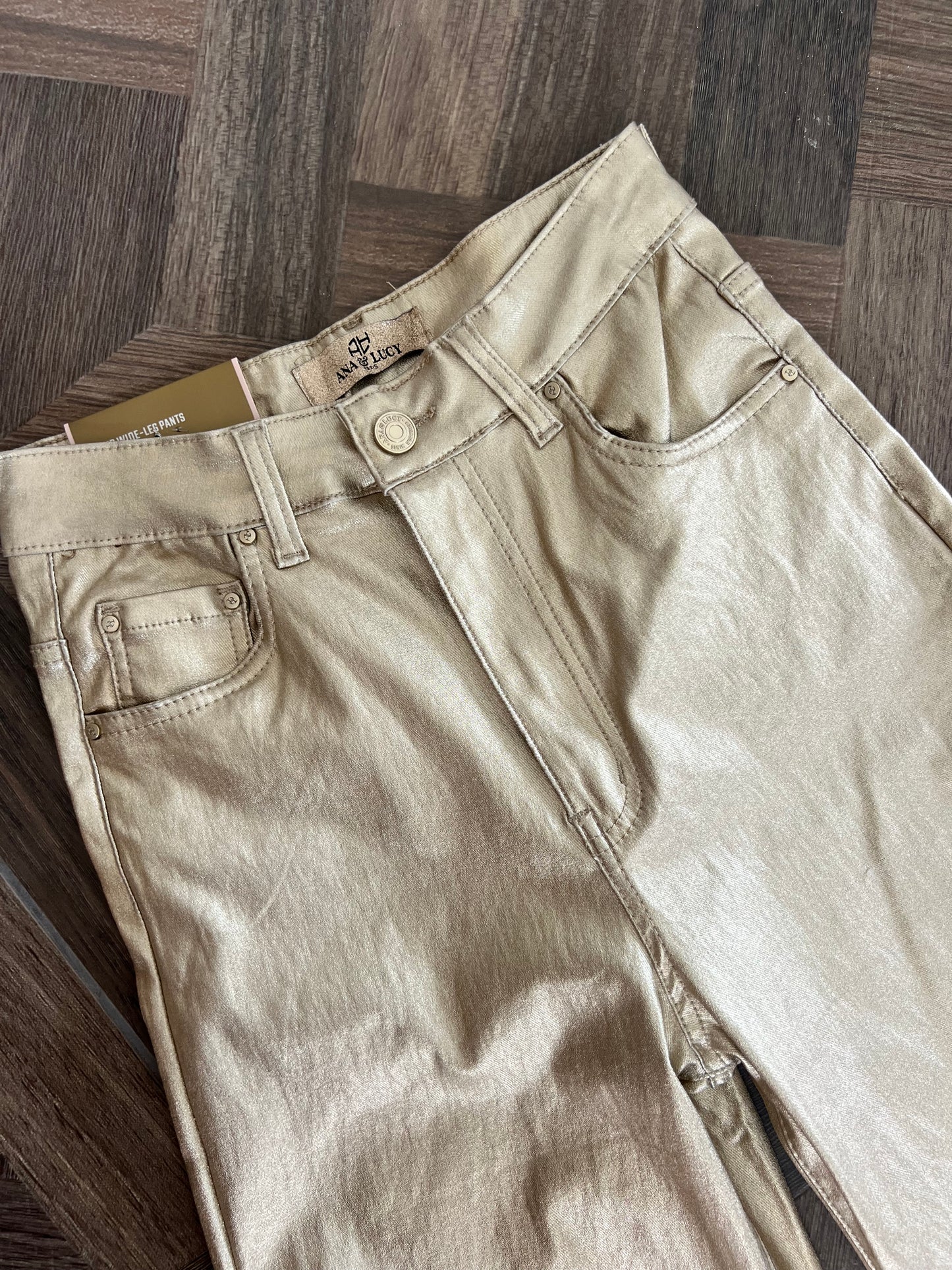 Evelyn Gold Coated Wide Leg Pants
