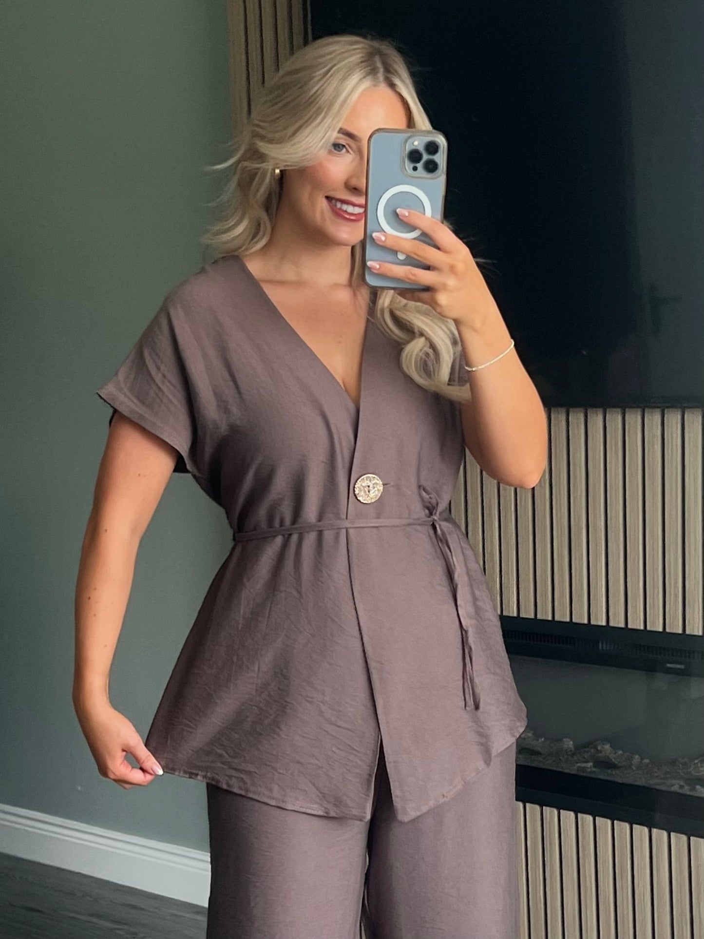 Clara Taupe V-Neck Wide Leg Two-Piece Set