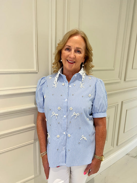 Millie Embellished Crochet Collar Short Sleeve Shirt