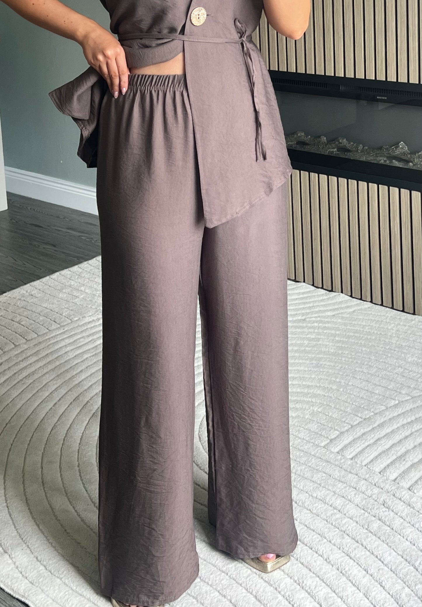 Clara Taupe V-Neck Wide Leg Two-Piece Set