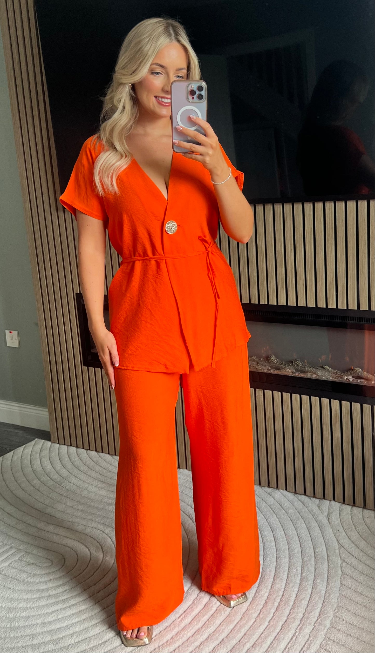 Clara Orange V-Neck Wide Leg Two-Piece Set