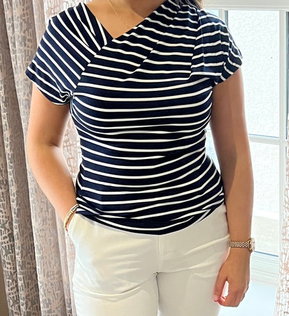 Eden Navy And White Asymmetrical Short Sleeve Top