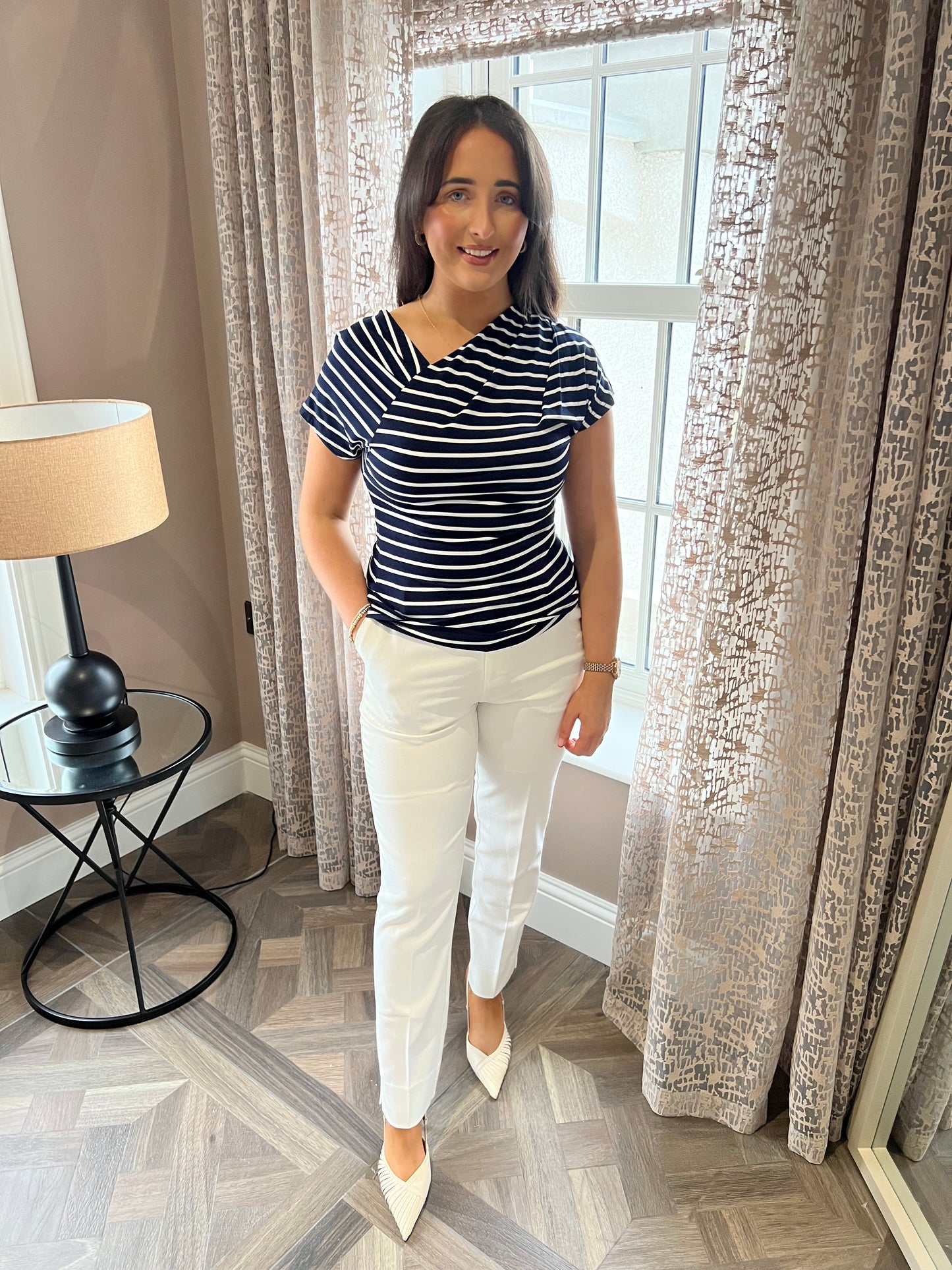 Eden Navy And White Asymmetrical Short Sleeve Top