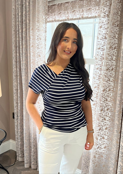 Eden Navy And White Asymmetrical Short Sleeve Top
