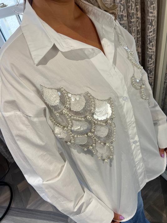 Lola White Sequined And Pearl One Size Shirt