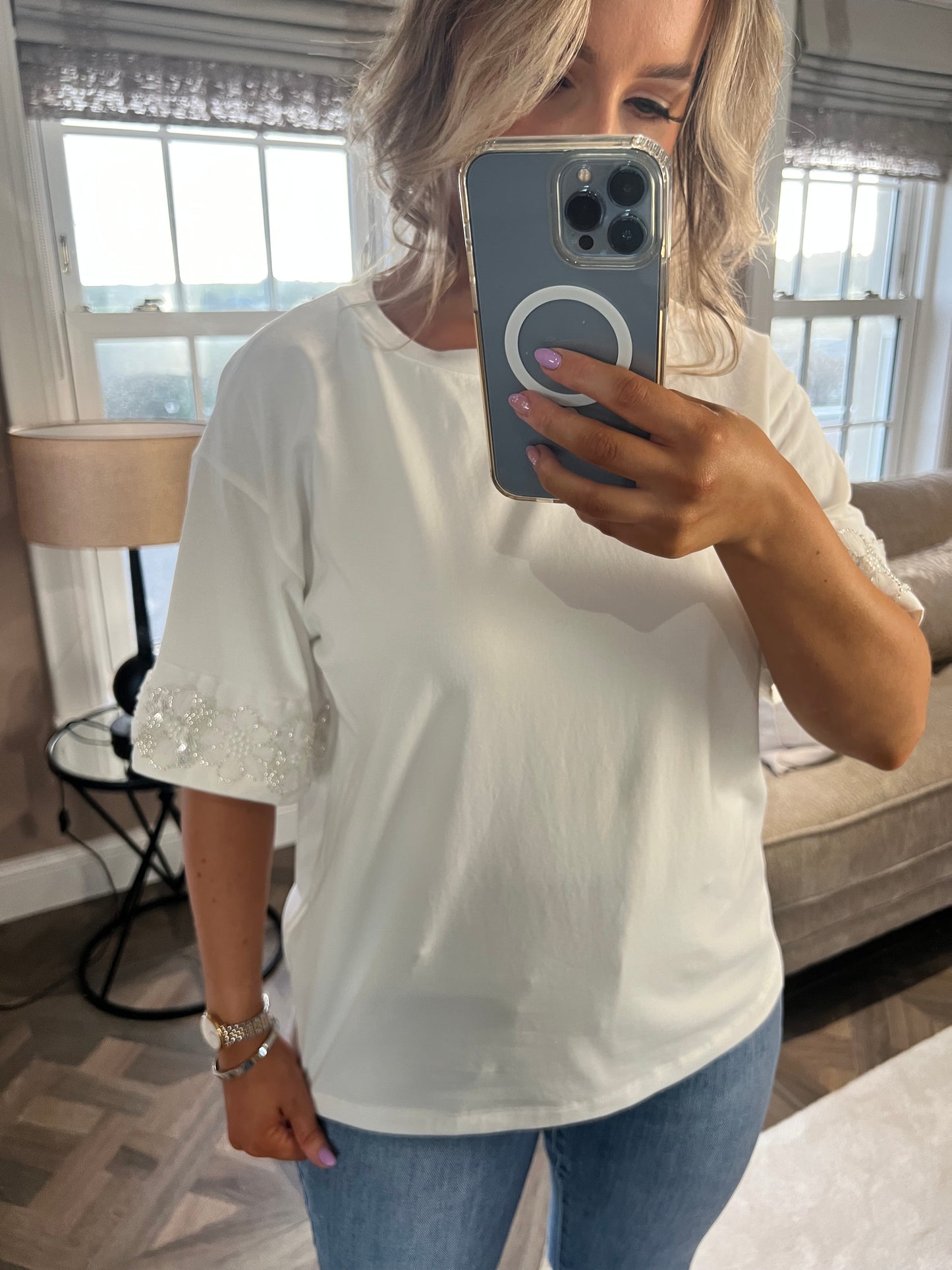 Tilly White T-shirt With Rhinestone Cuffs