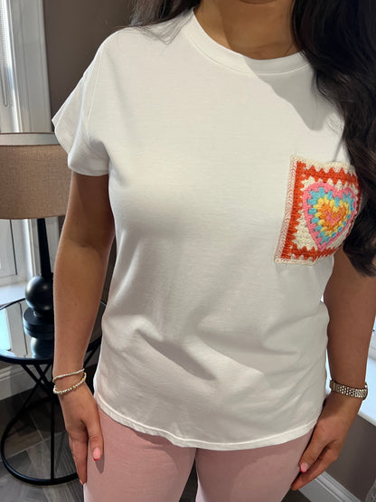 Laura Crochet Heart Pocket White T-Shirt