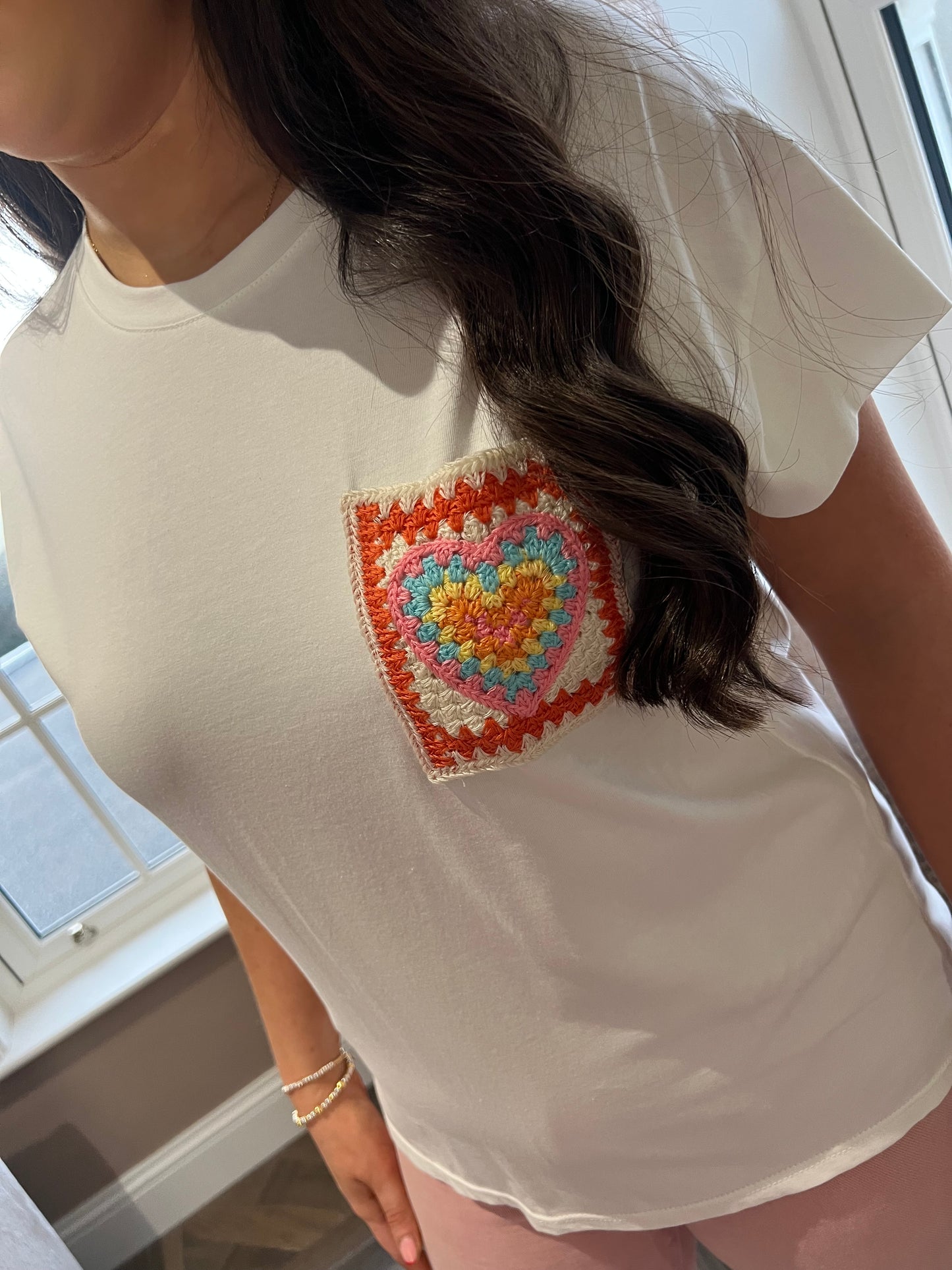 Laura Crochet Heart Pocket White T-Shirt