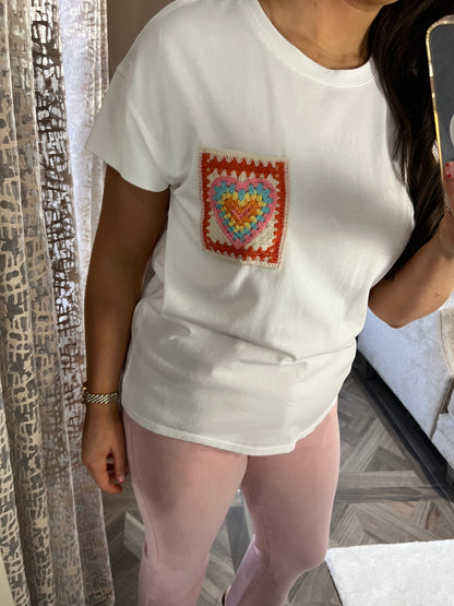 Laura Crochet Heart Pocket White T-Shirt