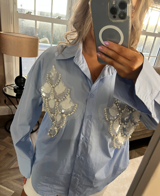 Lola Light Blue Sequined And Pearl One Size Shirt