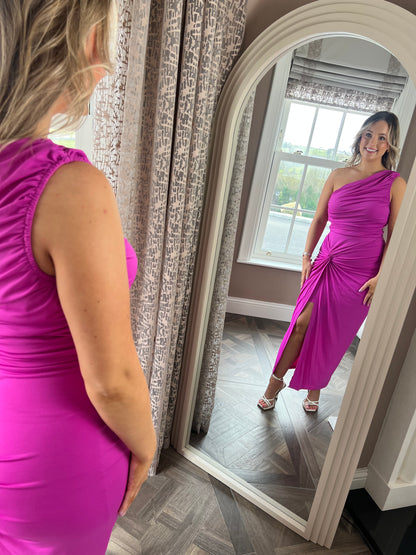 Ava Hot Pink One Shoulder Knot Skirt Midi Dress