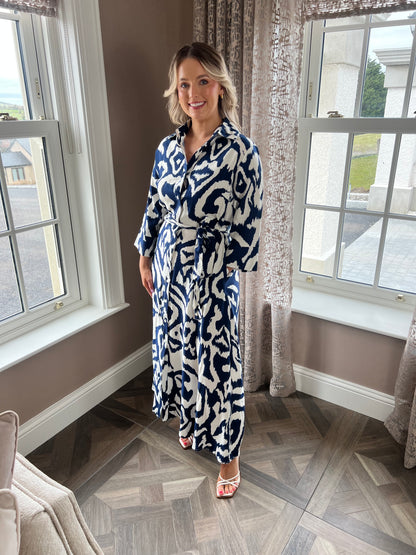 Grace Navy And Cream Abstract Print 3/4 Sleeve Tie Waist Shirt Midi Dress