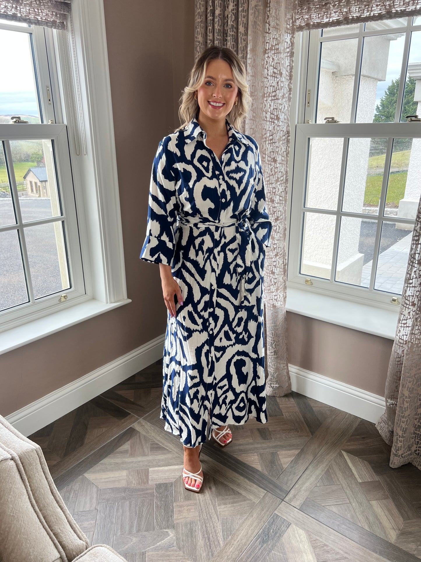 Grace Navy And Cream Abstract Print 3/4 Sleeve Tie Waist Shirt Midi Dress