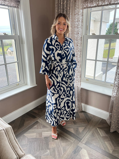 Grace Navy And Cream Abstract Print 3/4 Sleeve Tie Waist Shirt Midi Dress