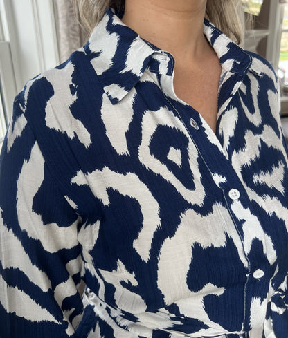 Grace Navy And Cream Abstract Print 3/4 Sleeve Tie Waist Shirt Midi Dress