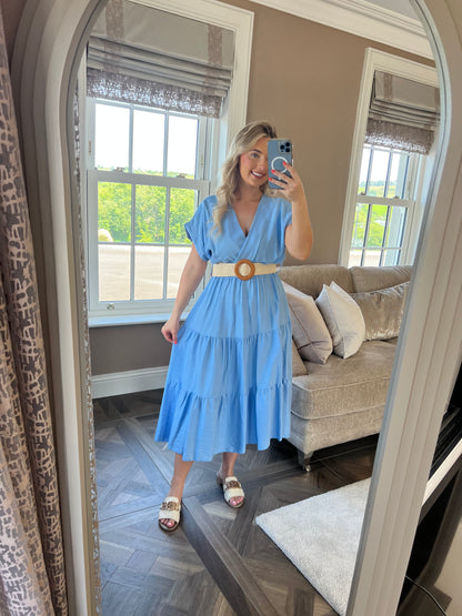 Polly Light Blue V Neck Tiered Smock Dress