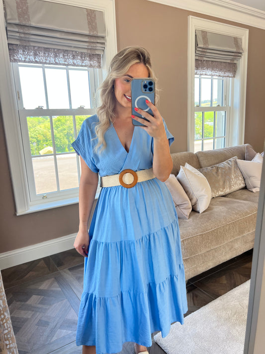 Polly Light Blue V Neck Tiered Smock Dress