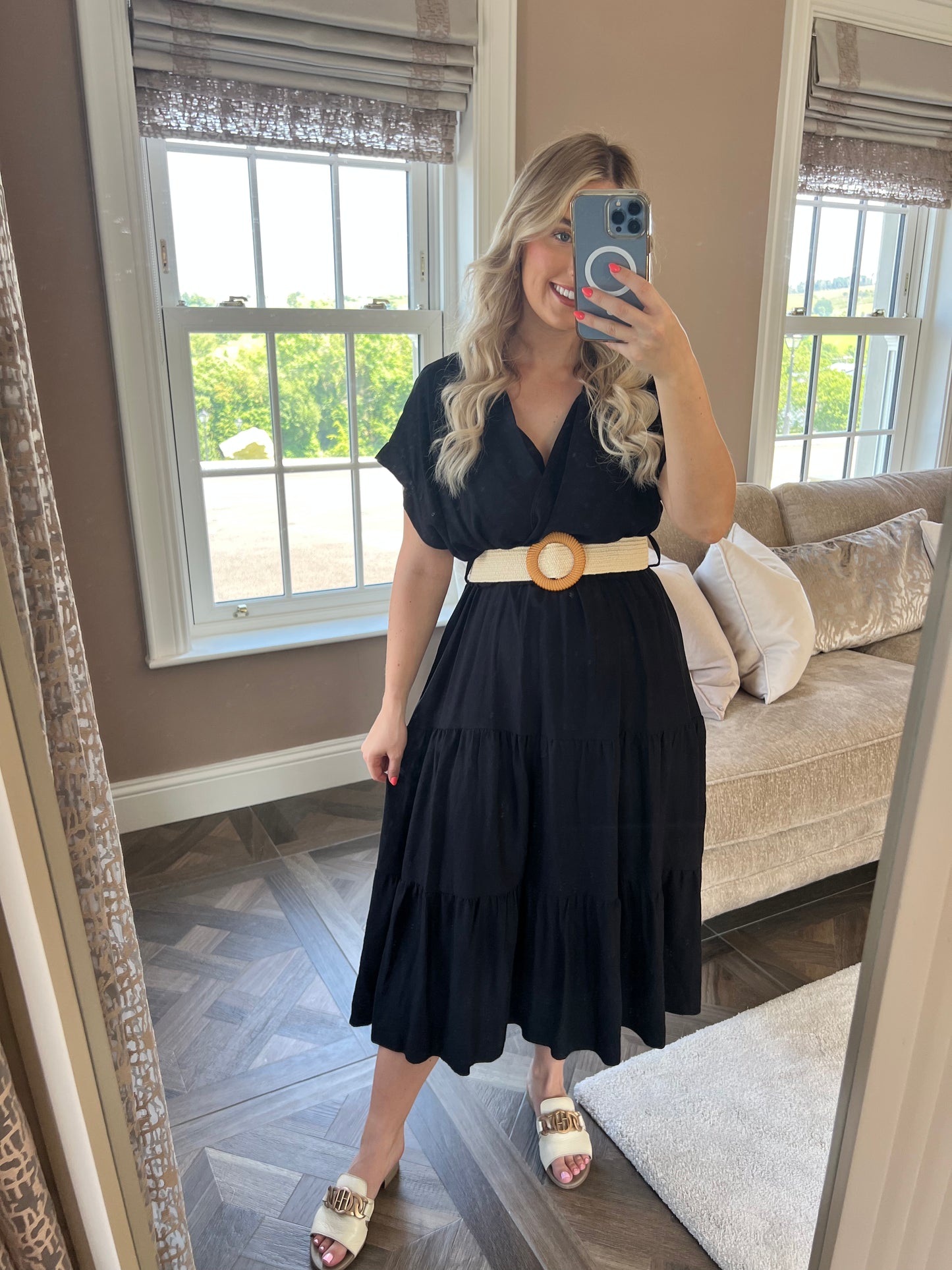 Polly Black V Neck Tiered Smock Dress