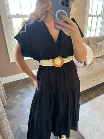 Polly Black V Neck Tiered Smock Dress