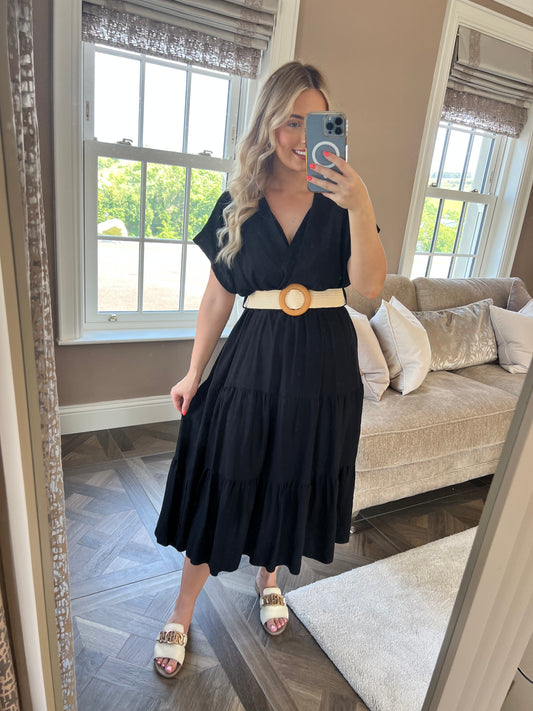 Polly Black V Neck Tiered Smock Dress
