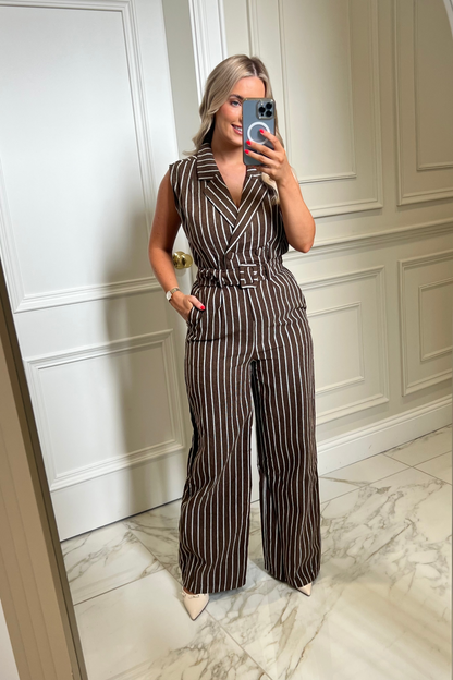Charlotte Corduroy Chocolate Pin Striped Wide Leg Jumpsuit