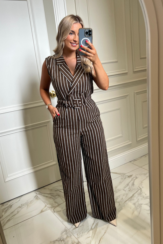 Charlotte Corduroy Chocolate Pin Striped Wide Leg Jumpsuit