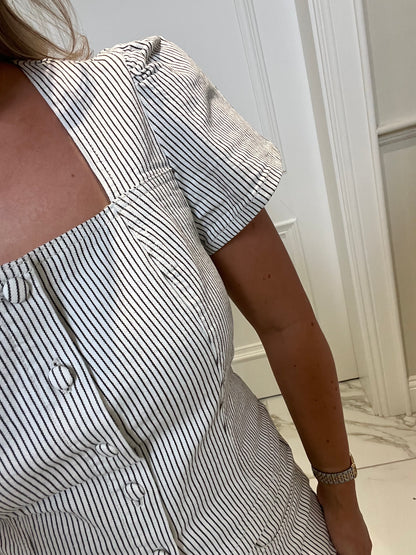Sarah Short Sleeve Striped Denim Button Up Top