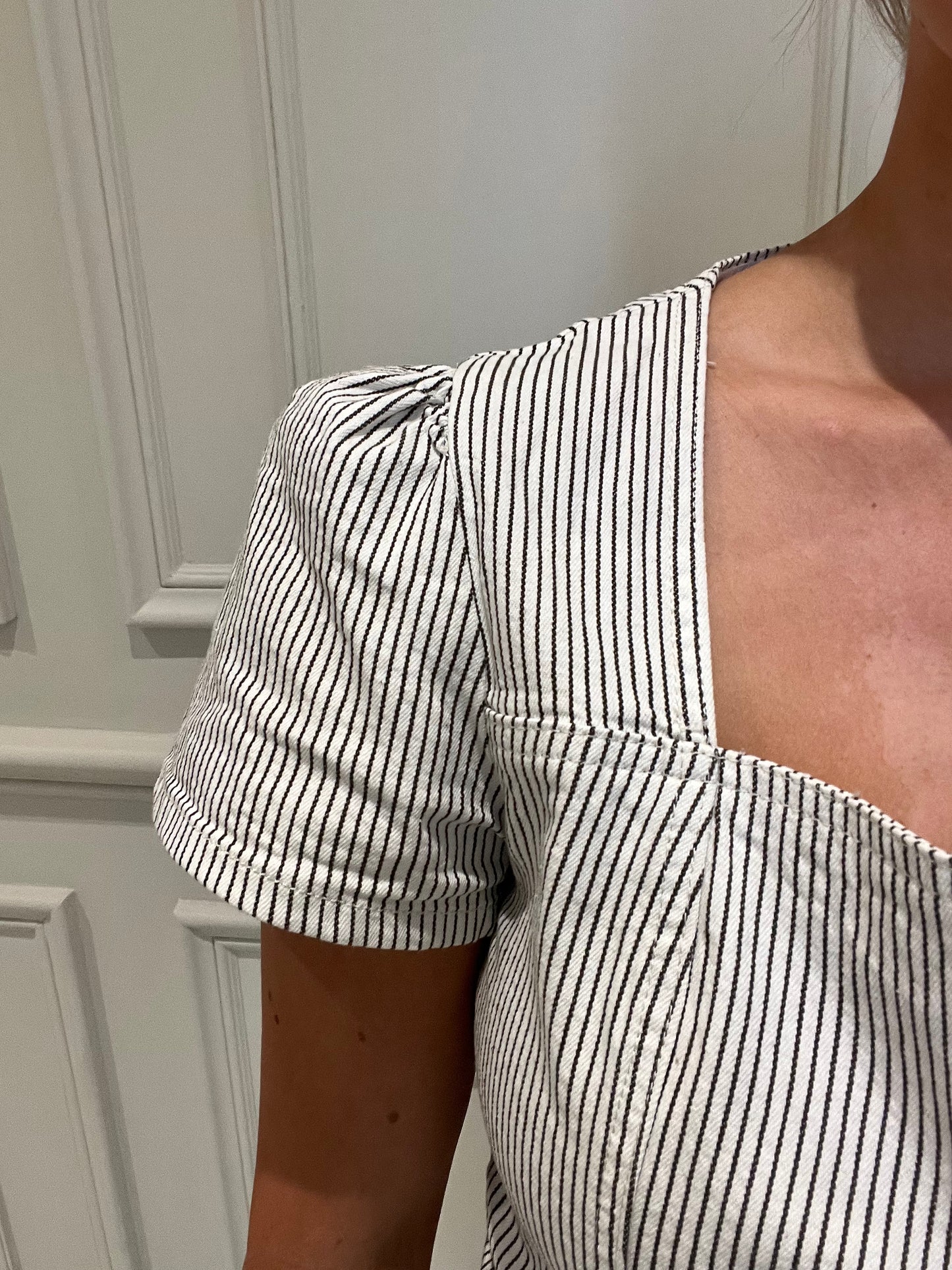 Sarah Short Sleeve Striped Denim Button Up Top