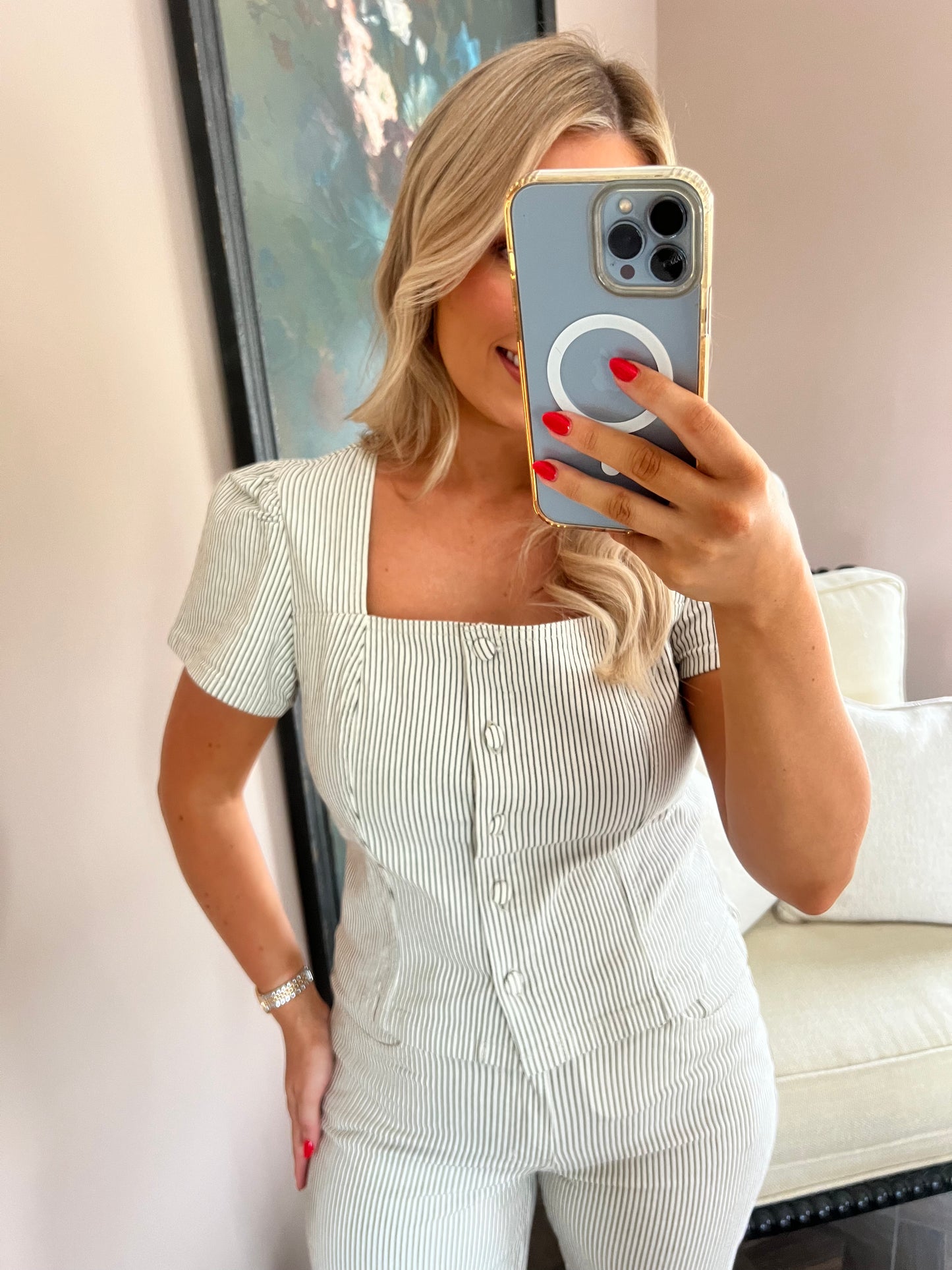 Sarah Short Sleeve Striped Denim Button Up Top