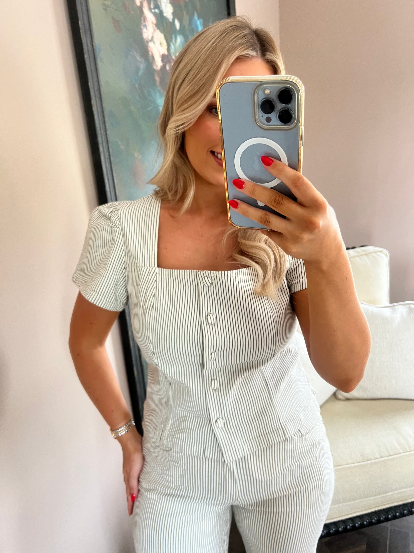 Sarah Short Sleeve Striped Denim Button Up Top