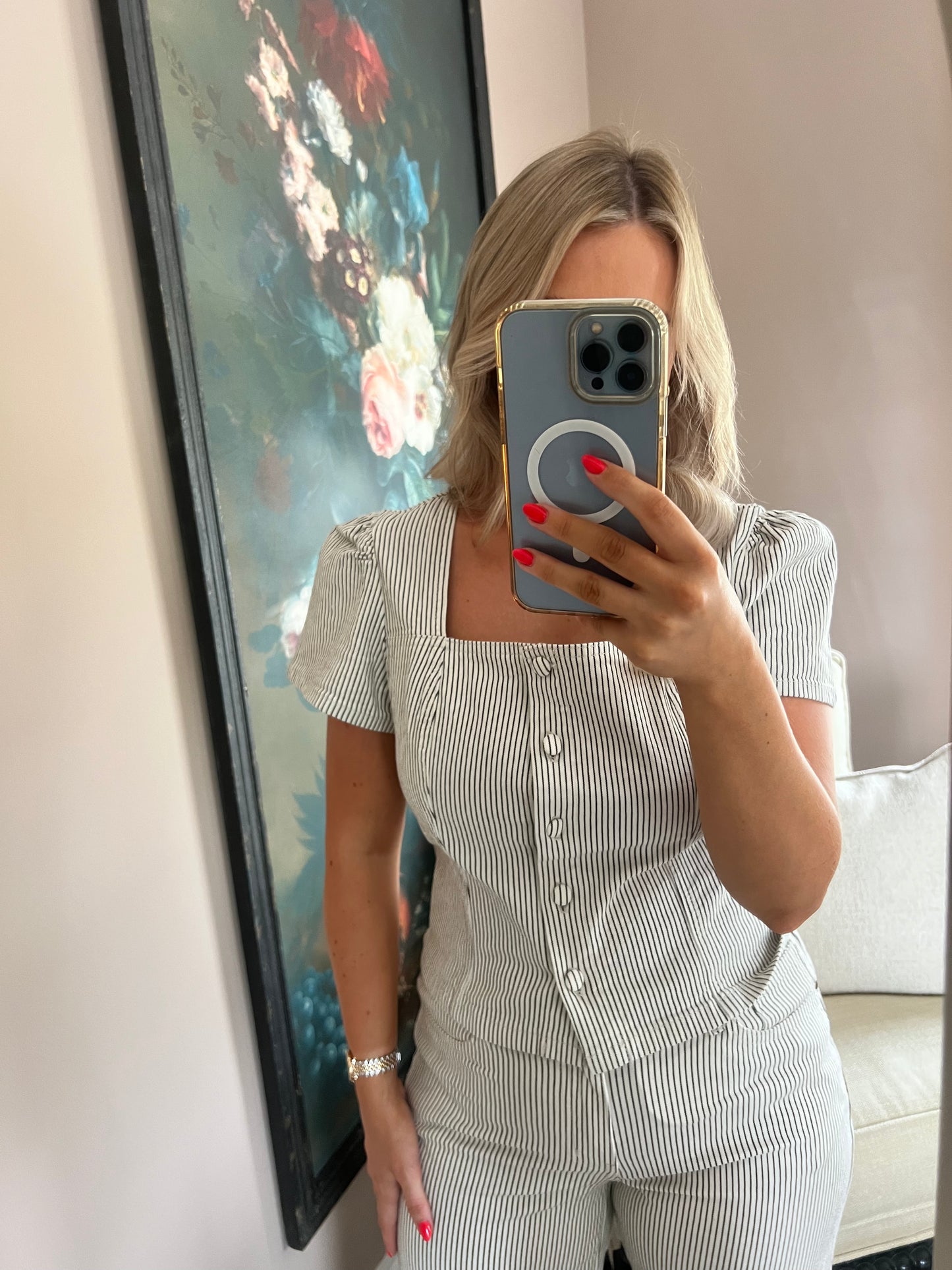 Sarah Short Sleeve Striped Denim Button Up Top