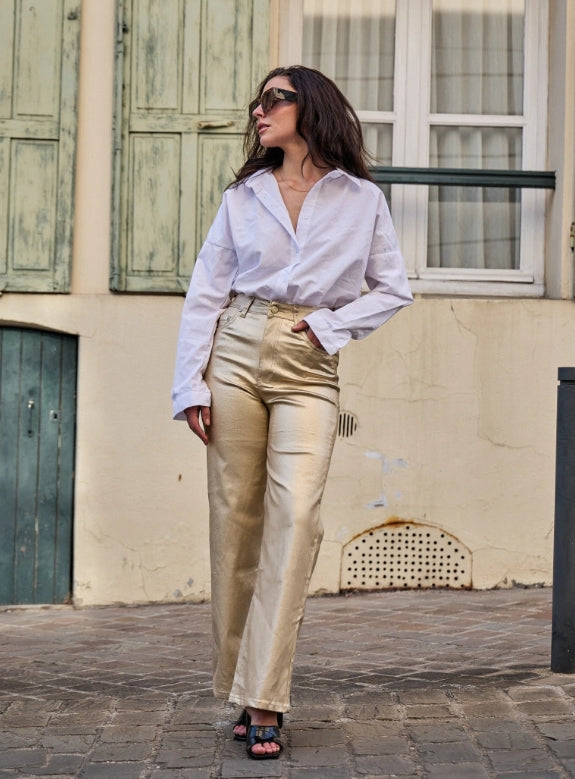 Evelyn Gold Coated Wide Leg Pants