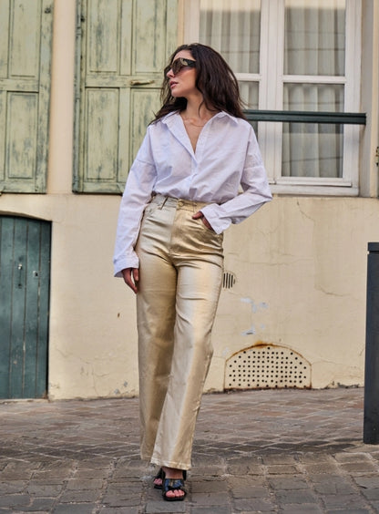 Evelyn Gold Coated Wide Leg Pants